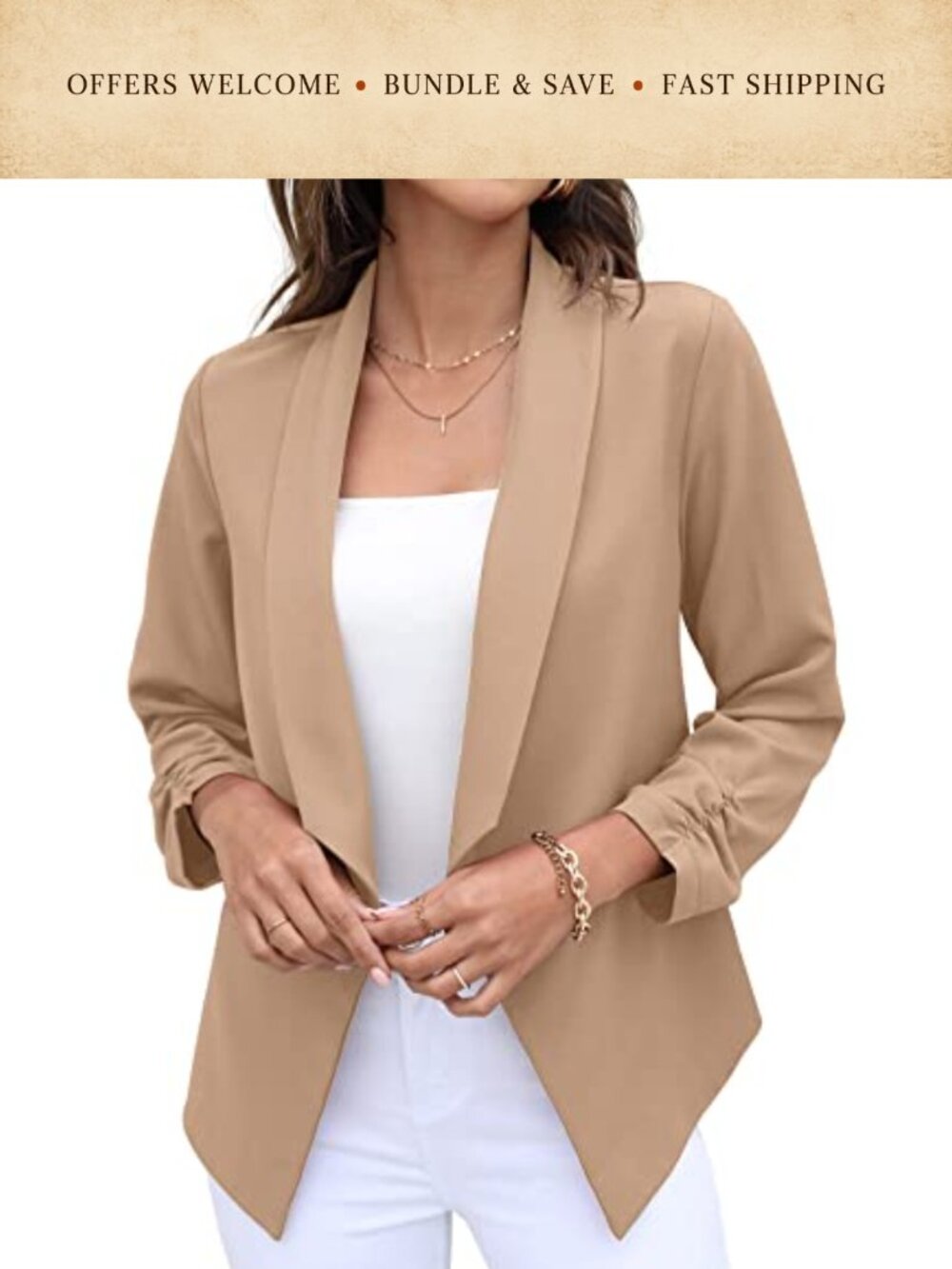Womens Open Front Blazer 3/4 Ruched Sleeve Cropped Casual Work Jacket